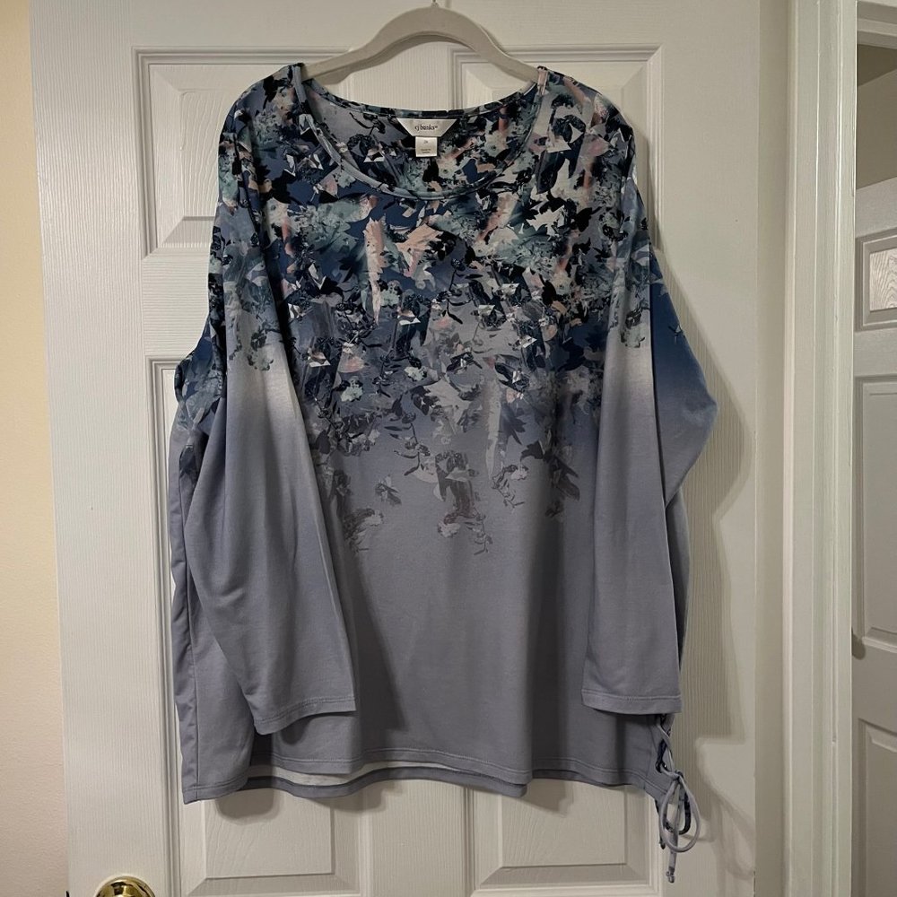 CJ Banks Blue Gray Floral Ombre Cold-Shoulder Top
